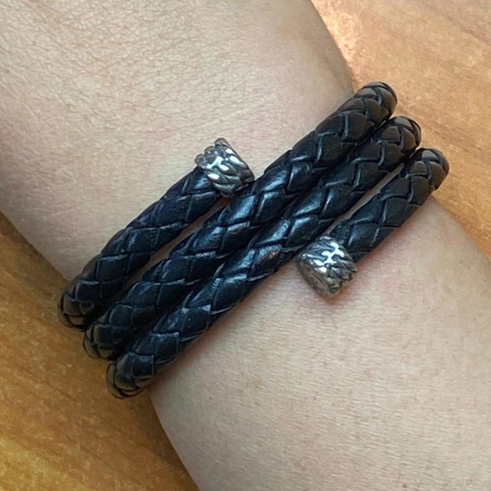Carolyn Pollack Sterling Silver Black Braided Leather Unisex Coil Wrap Bracelet